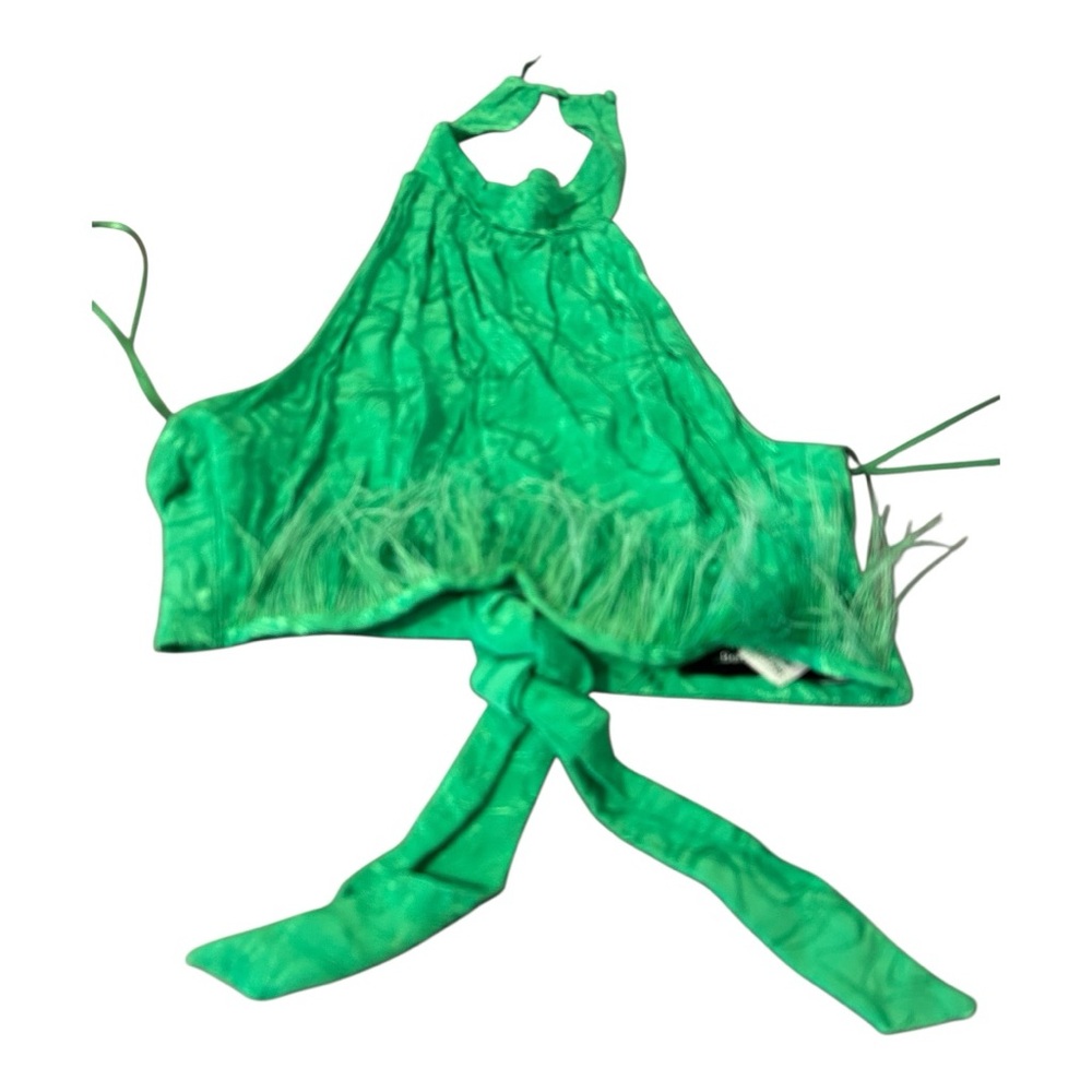 Bershka Green Feather Jacquard Halter Cropped Tie Back Top ASOS - Picture 5 of 10